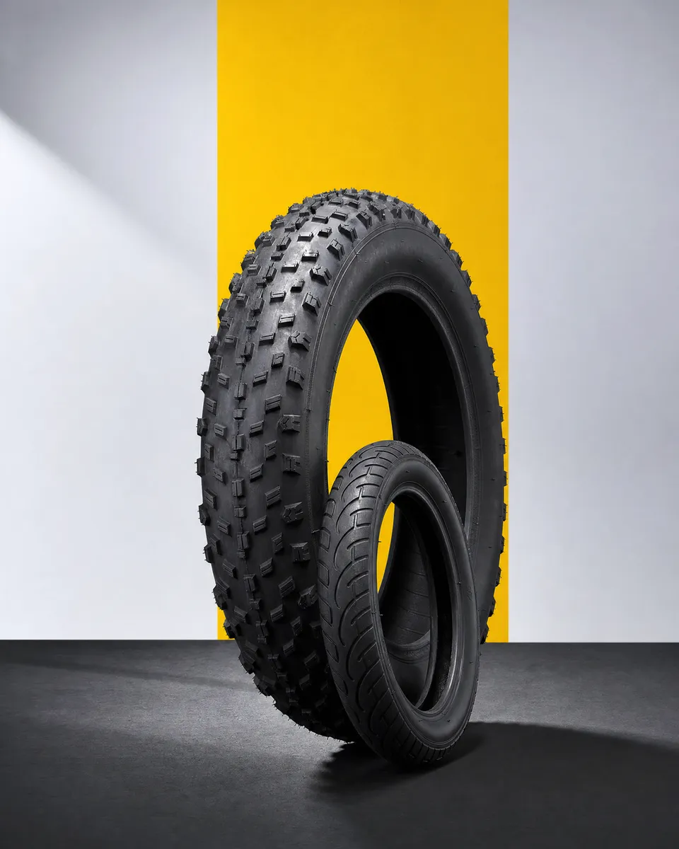 Fatbike-Reifen 20x4.0 und ein E-Scooter-Reifen vor einer gelben Fläche im Studio